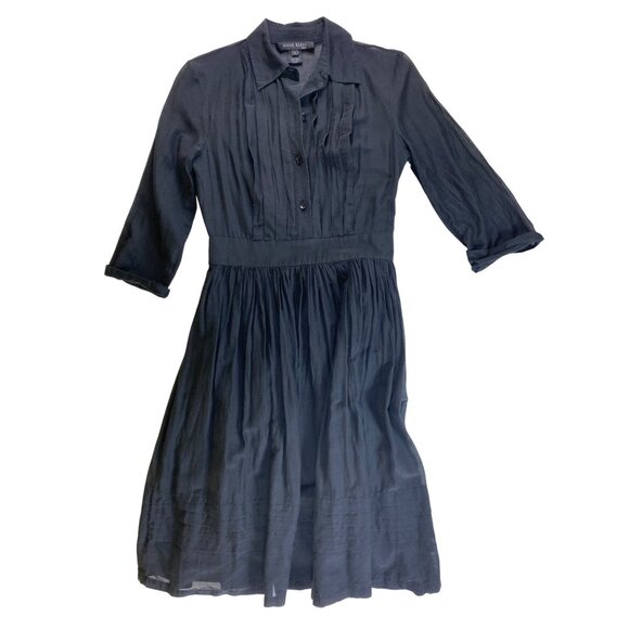 Anne Klein Cotton Silk Black Pleated Button-Up A-Line Dress Size 4 Classic Retro - Picture 1 of 3